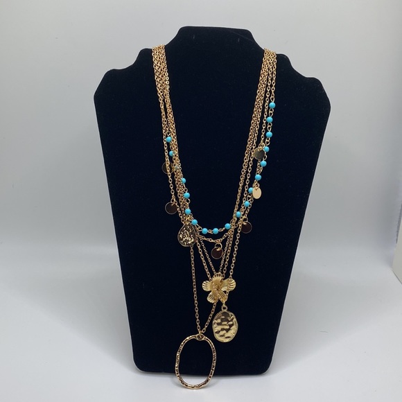 Lady Arya Bohemian Festival Aqua & Gold Floral Necklace Chain Layered Hammered - Picture 6 of 12
